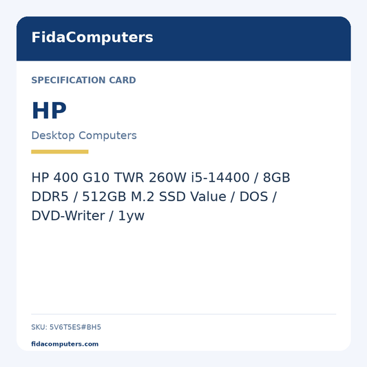 Specification card: HP 400 G10 TWR 260W i5-14400 / 8GB DDR5 / 512GB M.2 SSD Value / DOS / DVD-Writer / 1yw