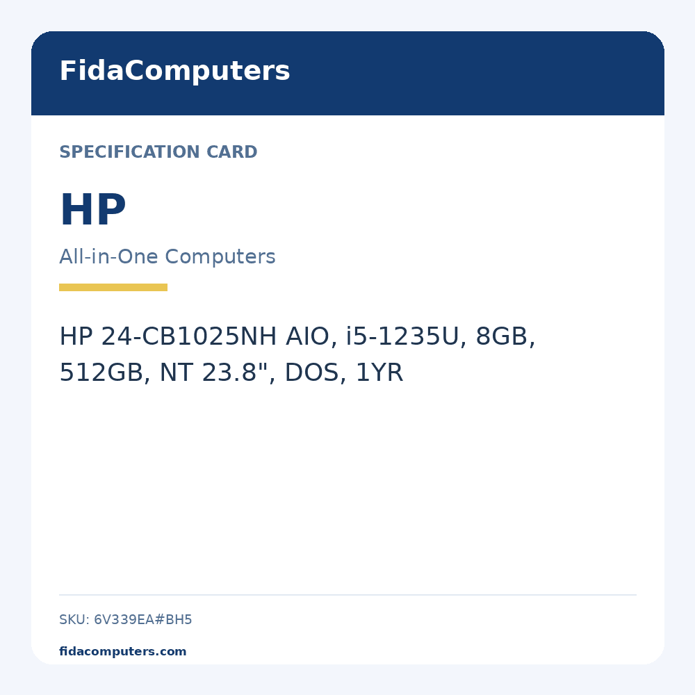 Specification card: HP 24-CB1025NH AIO, i5-1235U, 8GB, 512GB, NT 23.8", DOS, 1YR