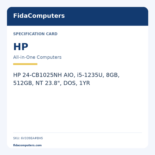 Specification card: HP 24-CB1025NH AIO, i5-1235U, 8GB, 512GB, NT 23.8", DOS, 1YR