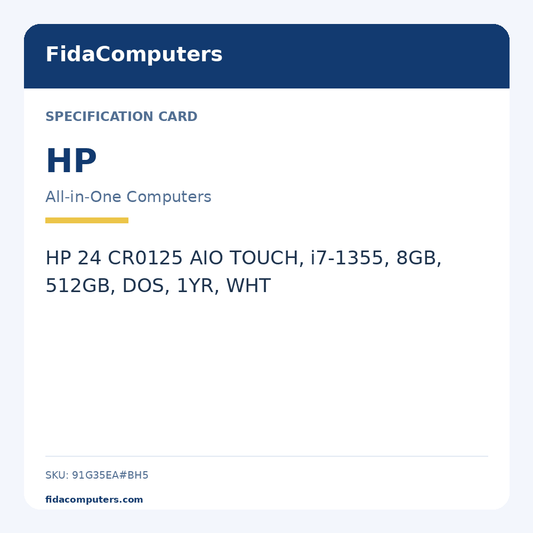 Specification card: HP 24 CR0125 AIO TOUCH, i7-1355, 8GB, 512GB, DOS, 1YR, WHT