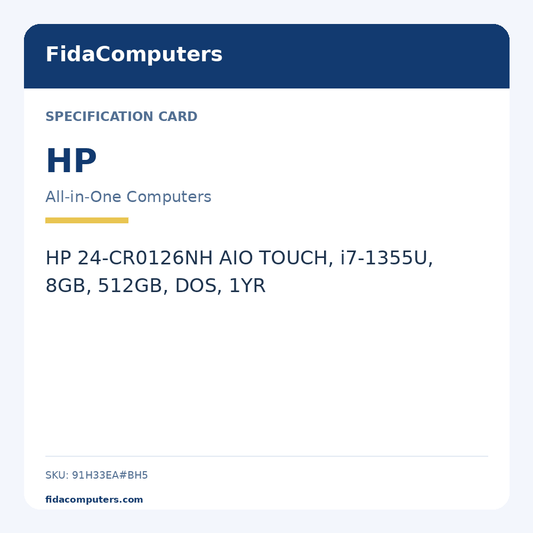 Specification card: HP 24-CR0126NH AIO TOUCH, i7-1355U, 8GB, 512GB, DOS, 1YR
