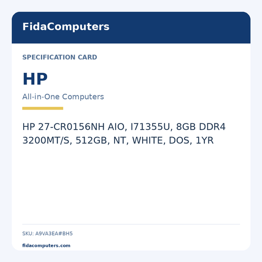 Specification card: HP 27-CR0156NH AIO, I71355U, 8GB DDR4 3200MT/S, 512GB, NT, WHITE, DOS, 1YR