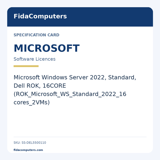 Specification card: Microsoft Windows Server 2022, Standard, Dell ROK, 16CORE (ROK_Microsoft_WS_Standard_2022_16 cores_2VMs)