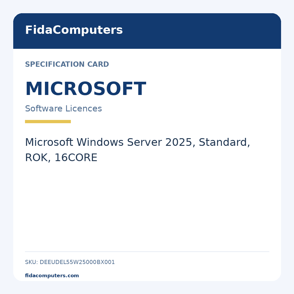 Specification card: Microsoft Windows Server 2025, Standard, ROK, 16CORE