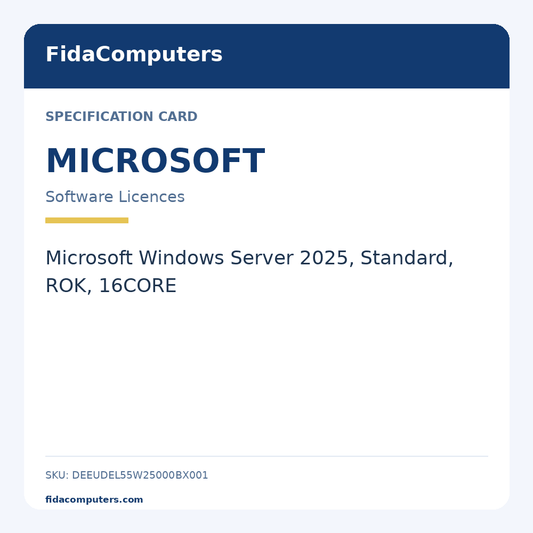 Specification card: Microsoft Windows Server 2025, Standard, ROK, 16CORE