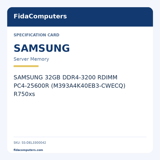 Specification card: SAMSUNG 32GB DDR4-3200 RDIMM PC4-25600R (M393A4K40EB3-CWECQ) R750xs