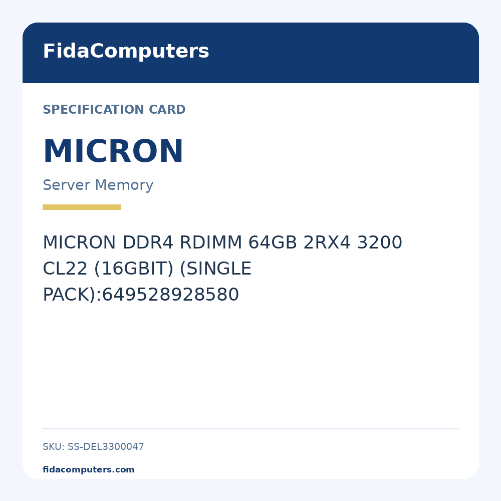 Specification card: MICRON DDR4 RDIMM 64GB 2RX4 3200 CL22 (16GBIT) (SINGLE PACK):649528928580