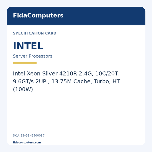 Specification card: Intel Xeon Silver 4210R 2.4G, 10C/20T, 9.6GT/s 2UPI, 13.75M Cache, Turbo, HT (100W)