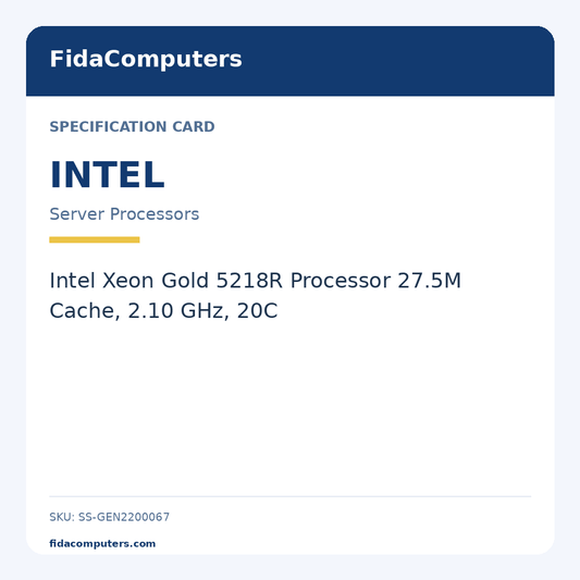 Specification card: Intel Xeon Gold 5218R Processor 27.5M Cache, 2.10 GHz, 20C