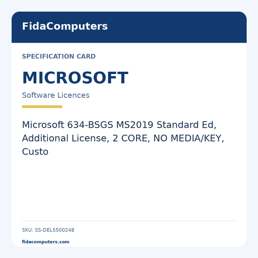 Specification card: Microsoft 634-BSGS MS2019 Standard Ed, Additional License, 2 CORE, NO MEDIA/KEY, Custo