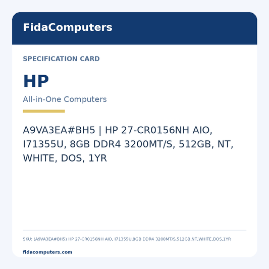 Specification card: A9VA3EA#BH5 | HP 27-CR0156NH AIO, I71355U, 8GB DDR4 3200MT/S, 512GB, NT, WHITE, DOS, 1YR