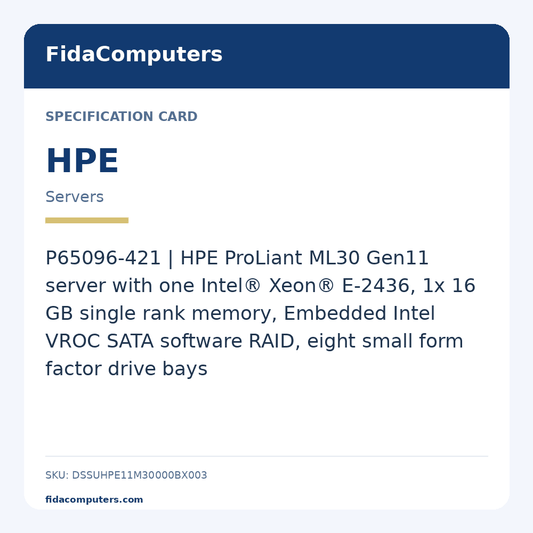 Specification card: P65096-421 | HPE ProLiant ML30 Gen11 server with one Intel® Xeon® E-2436, 1x 16 GB single rank memory, Embedded Intel VROC SATA software RAID, eight small form factor drive bays