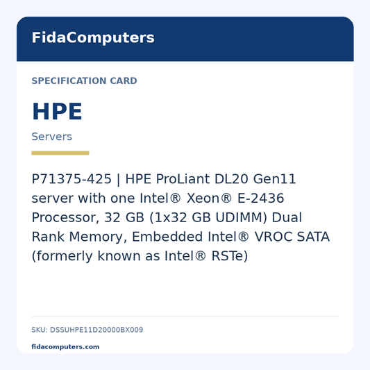 Specification card: P71375-425 | HPE ProLiant DL20 Gen11 server with one Intel® Xeon® E-2436 Processor, 32 GB (1x32 GB UDIMM) Dual Rank Memory, Embedded Intel® VROC SATA (formerly known as Intel® RSTe)