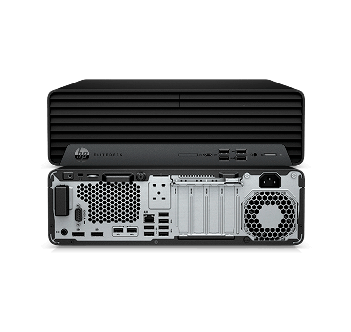 HP Desktop Computers model-family photograph; configuration and keyboard layout may vary
